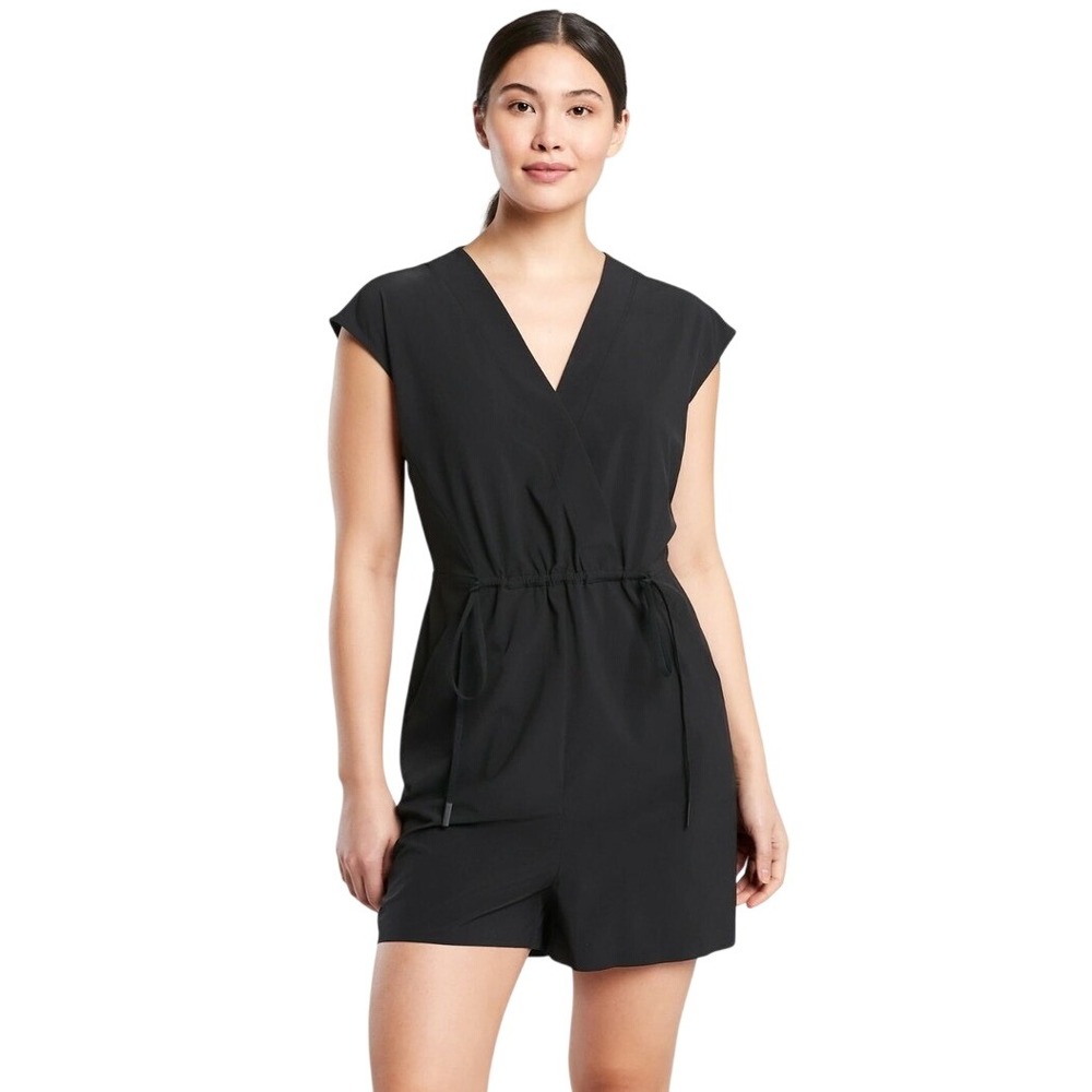 Athleta Marlow Romper Women Small Black V-Neck Drawstring Activewear Shorts